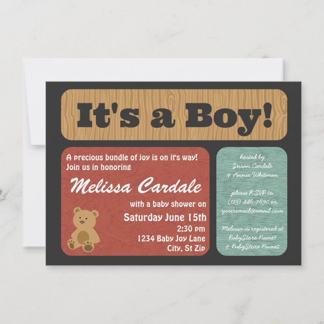 Teddy Bear Baby Douche Invitations Garçon (Devant)