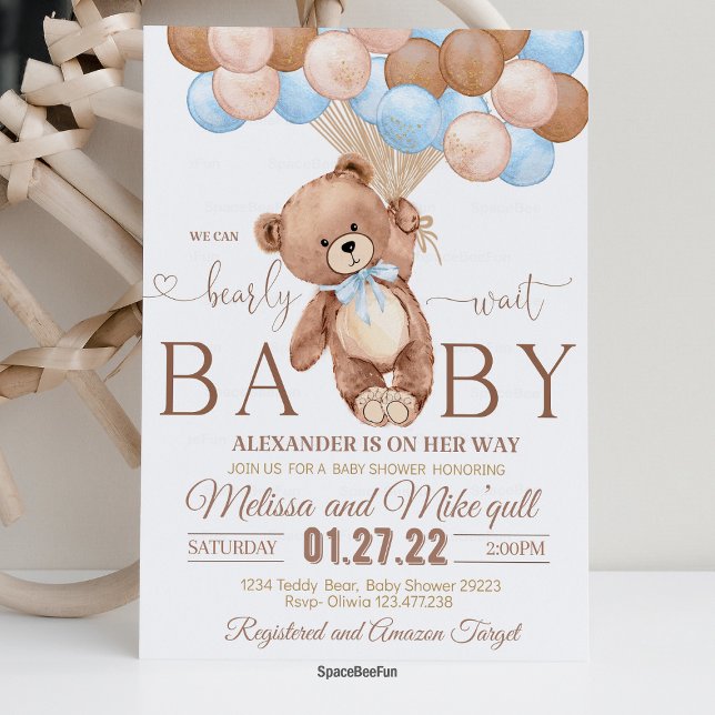 Teddy Bear Baby Dusche Einladung können wir bearly (teddy bear invites,baby shower invitation,we can bearly wait,teddy bear boy,hot air balloon bear the)