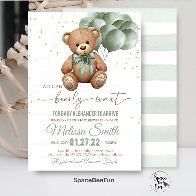 Teddy Bear Baby Dusche Einladung können wir frühze (Teddy Bear,Baby Shower,Invitation,We Can Bearly Wait,gender natural,,invitesbear,hot air balloon,Bea)
