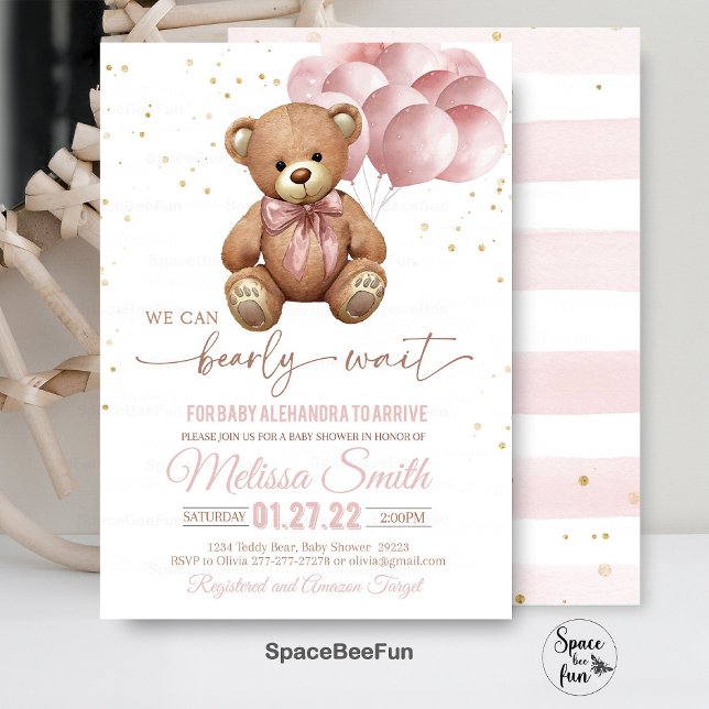 Teddy Bear Baby Dusche Einladung können wir frühze (teddy bear,baby shower invitation,we can bearly wait,teddyy bear girl linvites,bear hot air balloon,)