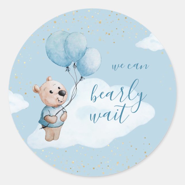Teddy Bear Baby Dusche Gold Blue Runder Aufkleber (Vorderseite)