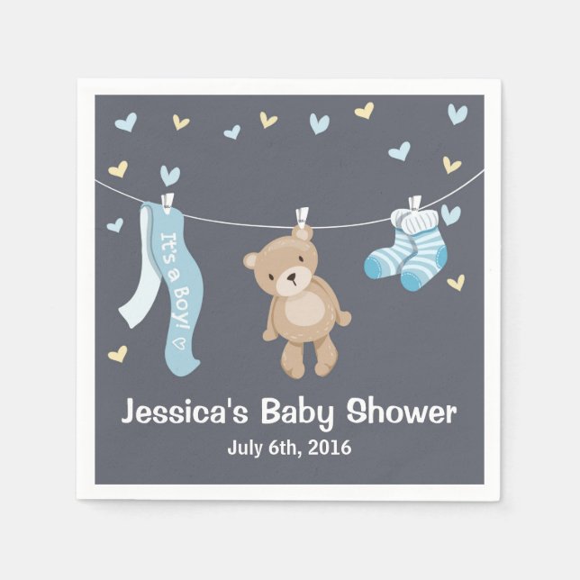 Teddy Bear Baby Dusche Papier Napkin Boy Gray Blue Serviette (Vorderseite)