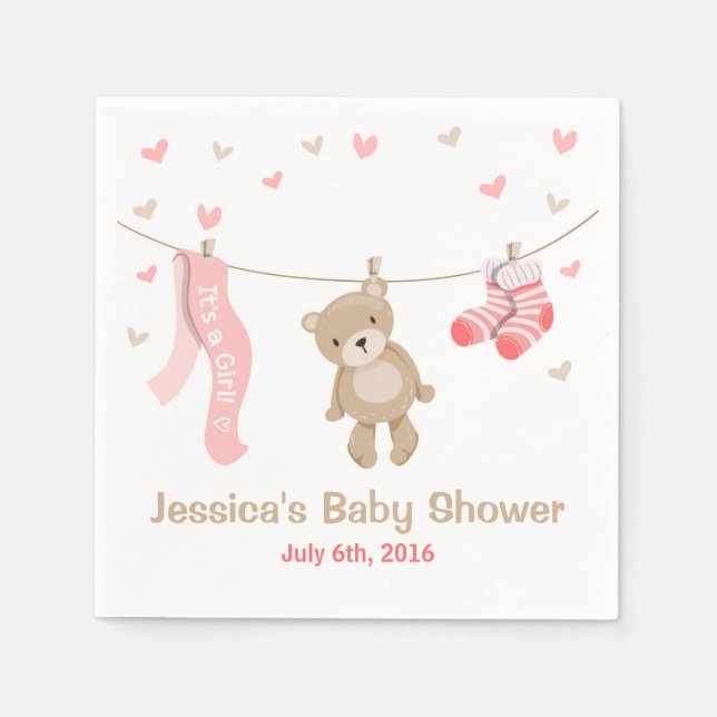 Teddy Bear Baby Dusche Papier Napkin Girl Pink Serviette (Vorderseite)