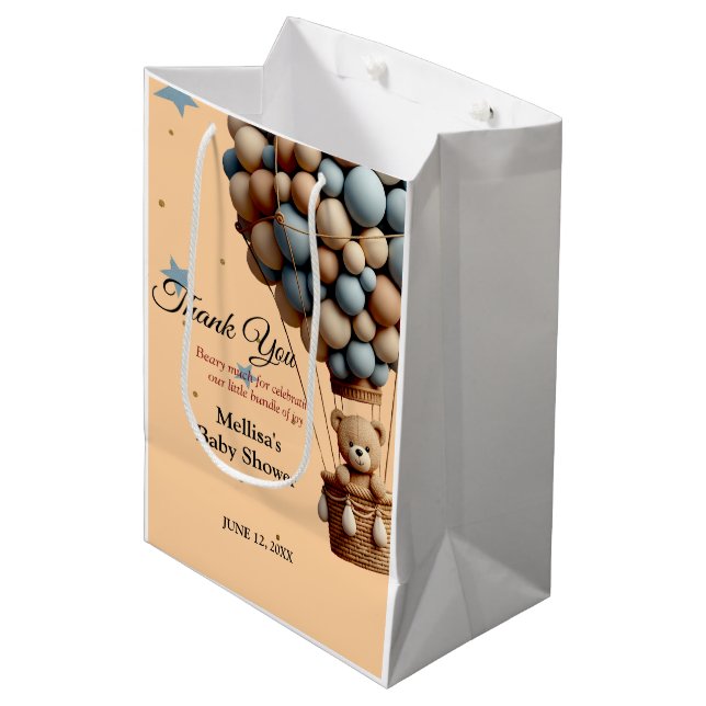Teddy Bear Baby Dusche Pastell Heißluftballon Mittlere Geschenktüte (Vorderseite Schrägansicht)