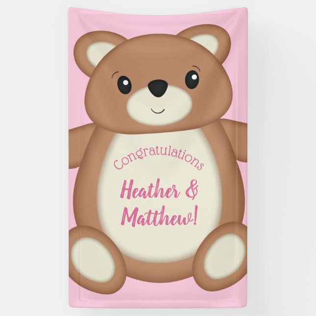 Teddy Bear Baby Dusche Pink Girl Banner (Vertikal)