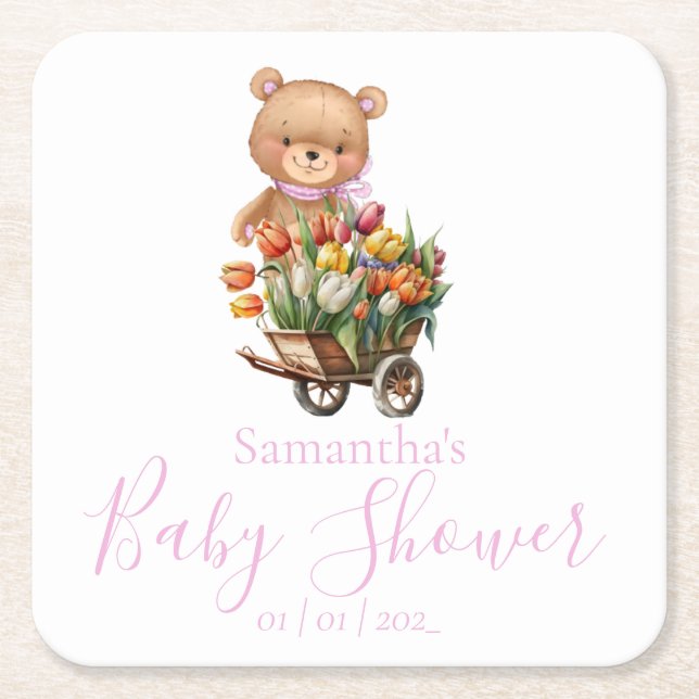Teddy Bear Baby Dusche rosa rustikale Blüte Rechteckiger Pappuntersetzer (Vorderseite)