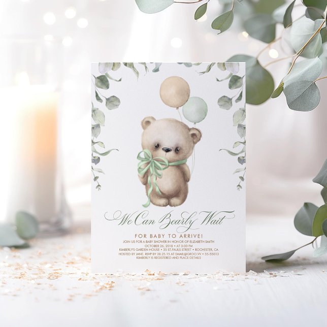 Teddy Bear Baby Duschkabine Grün und Braun Einladung (We Can Bearly Wait - Cute Bear Themed Beige and Sage Baby Shower Invitations)