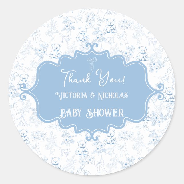 Teddy Bear Baby Duschturm Blue Vielen Dank Runder Aufkleber (Vorderseite)