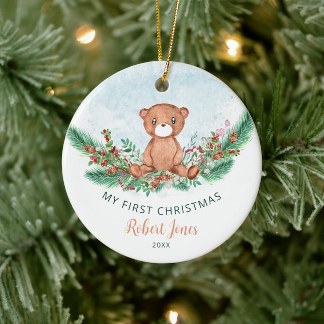 Teddy Bear Baby First 1. Weihnachtsgrün Keramik Ornament (Baum)