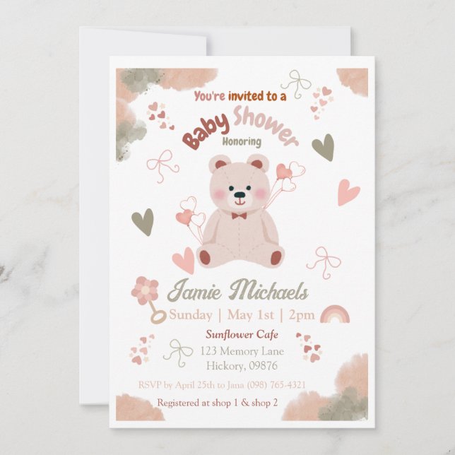 Teddy Bear Baby Girl Babydusche Einladung (Vorderseite)