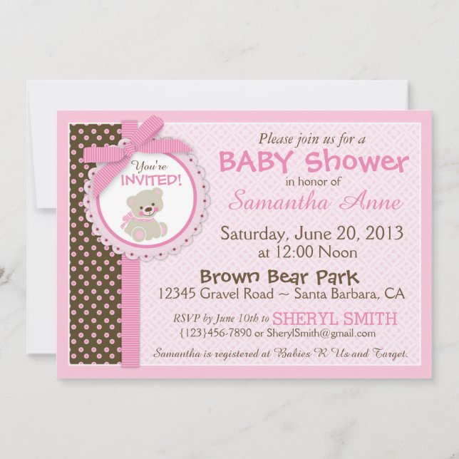 Teddy Bear Baby Girl Babydusche Rosa Einladung (Rückseite)