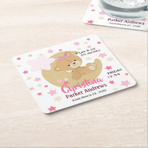 Teddy Bear Baby Girl Birth Stats Rechteckiger Pappuntersetzer