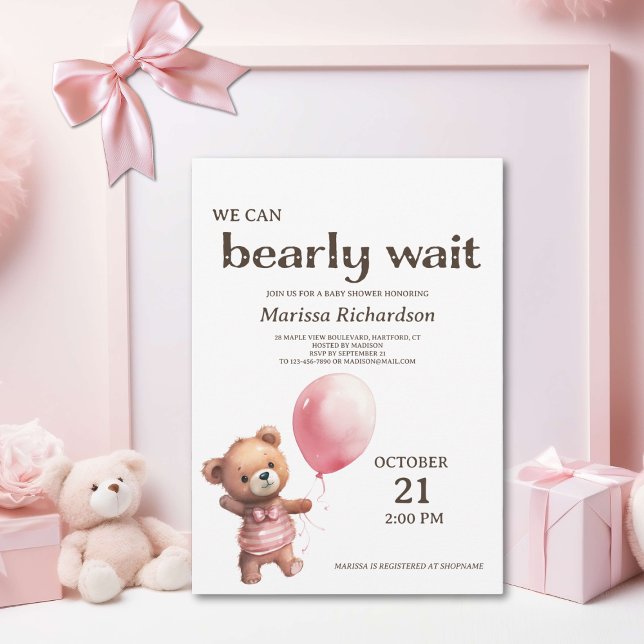 Teddy Bear Baby Girl Douche Invitation (sweet pink teddy bear we can bearly wait baby girl shower invitation, cute classic custom invite)