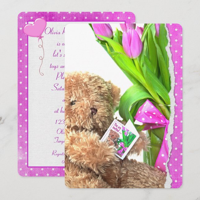 Teddy Bear Baby Girl Dusche Einladung (Vorne/Hinten)