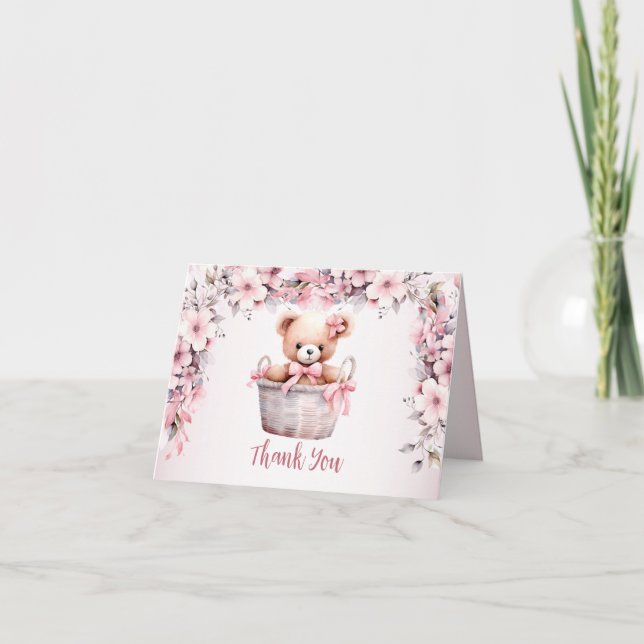 Teddy Bear Baby Girl Pink Blume Party Elegant Dankeskarte (Vorderseite)