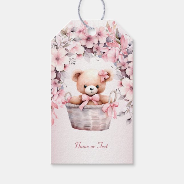 Teddy Bear Baby Girl Pink Blume Party Elegant Geschenkanhänger (Vorderseite)