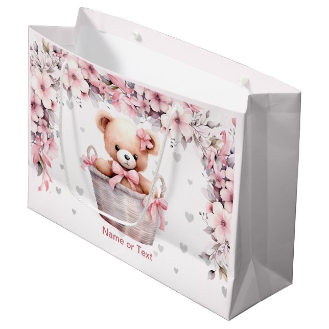 Teddy Bear Baby Girl Pink Blume Party Elegant Große Geschenktüte (Vorderseite Schrägansicht)