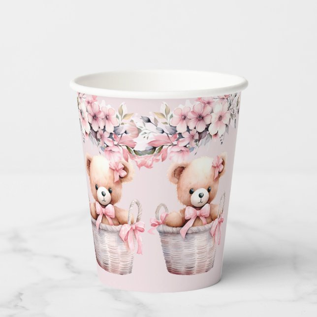Teddy Bear Baby Girl Pink Blume Party Elegant Pappbecher (Rückseite)