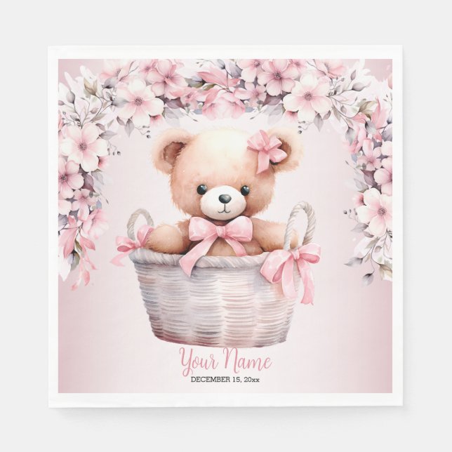Teddy Bear Baby Girl Pink Blume Party Elegant Serviette (Vorderseite)