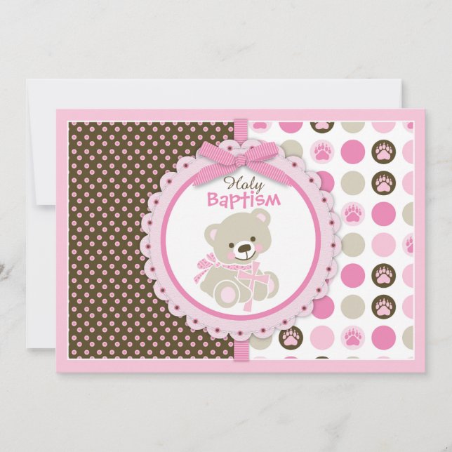 Teddy Bear Baby Girl Taufe Pink Einladung (Vorderseite)