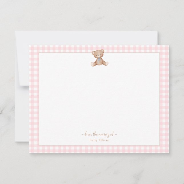 Teddy Bear Baby Mädchen pink und weiß Gingham Bord Dankeskarte (Vorderseite)