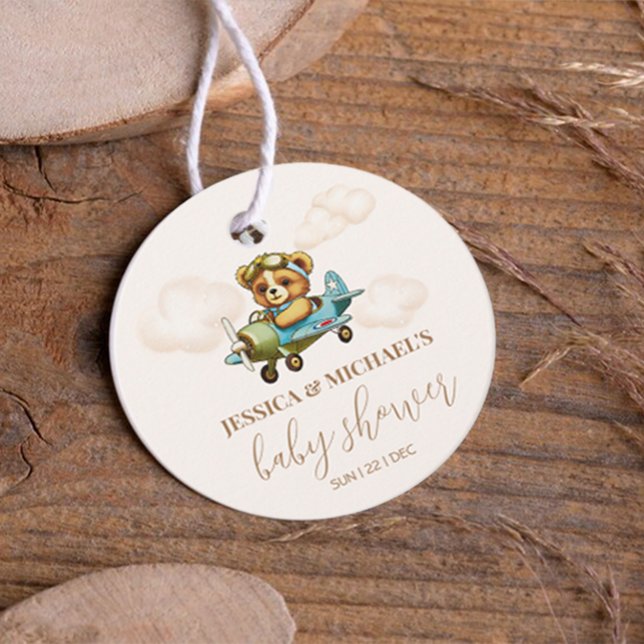 Teddy Bear Baby Pilot Airplane Babydusche Geschenkanhänger (Teddy Bear Baby Pilot Airplane Baby Shower Favor Tags)