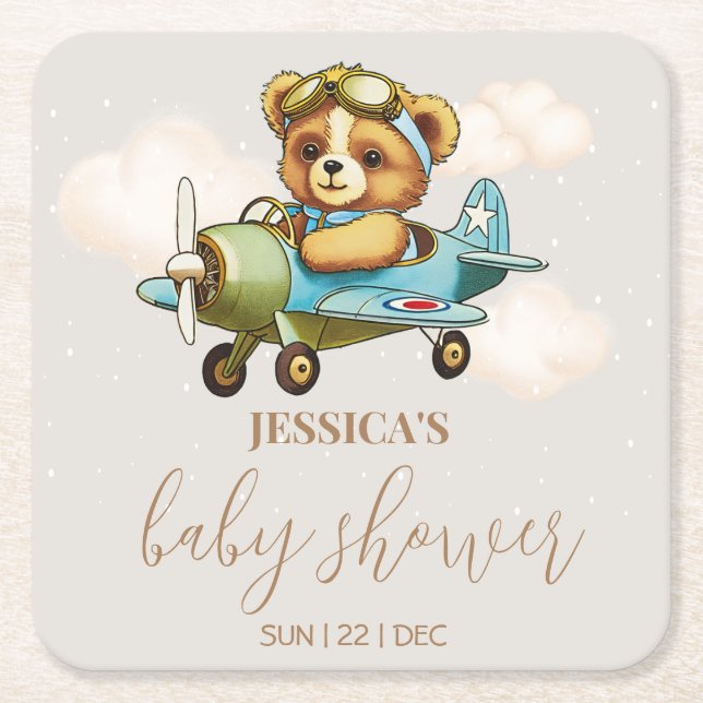 Teddy Bear Baby Pilot Airplane Babydusche Rechteckiger Pappuntersetzer (Vorderseite)