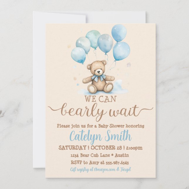 Teddy Bear Baby Showbären und Balloons Einladung (Vorderseite)