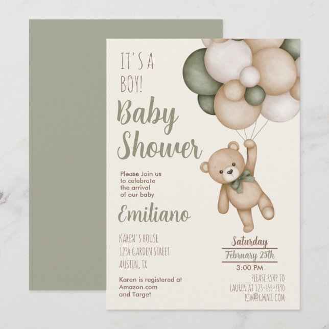 Teddy Bear Baby Shower Boy Einladung (Vorne/Hinten)