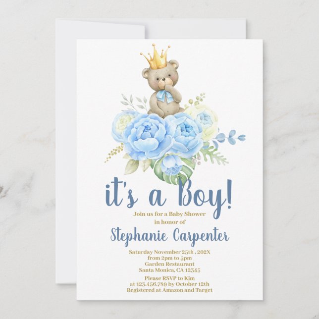 Teddy Bear Baby shower Boy Invitation (Devant)