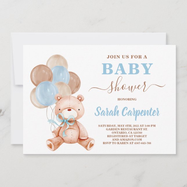 Teddy Bear Baby shower Boy Invitation (Devant)