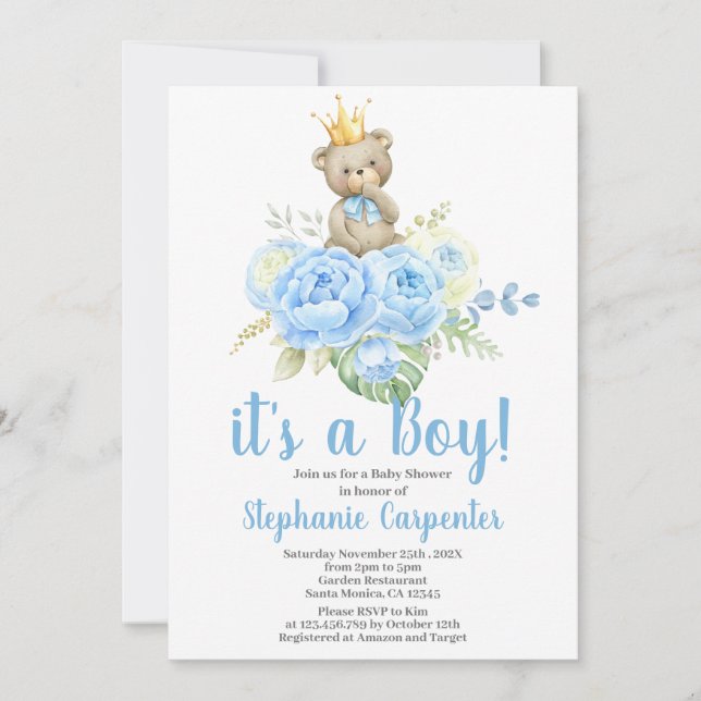 Teddy Bear Baby shower Boy Invitation (Devant)