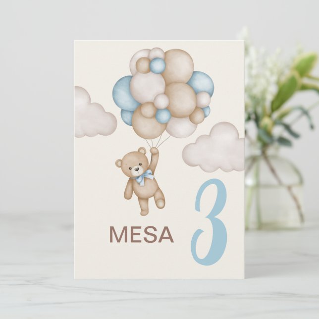 Teddy Bear Baby Shower Boy Spanisches Tischzeichen Einladung (Stehend Vorderseite)
