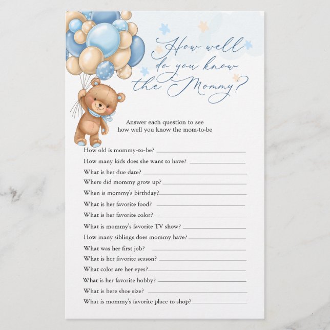 Teddy Bear Baby Shower Game, das Mama Best kennt (Vorderseite)