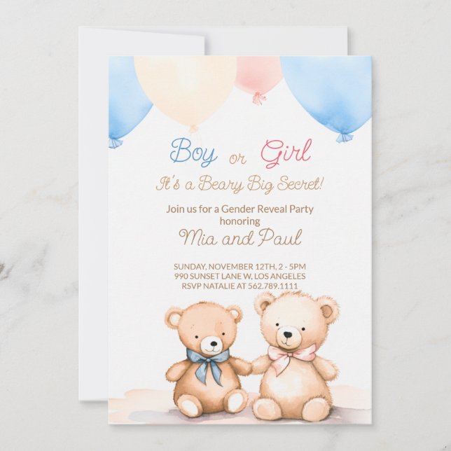 Teddy Bear Baby shower Genre Reveale Invitation (Devant)