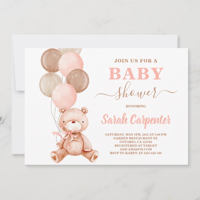 Teddy Bear Baby Shower Girl Einladung (Vorderseite)
