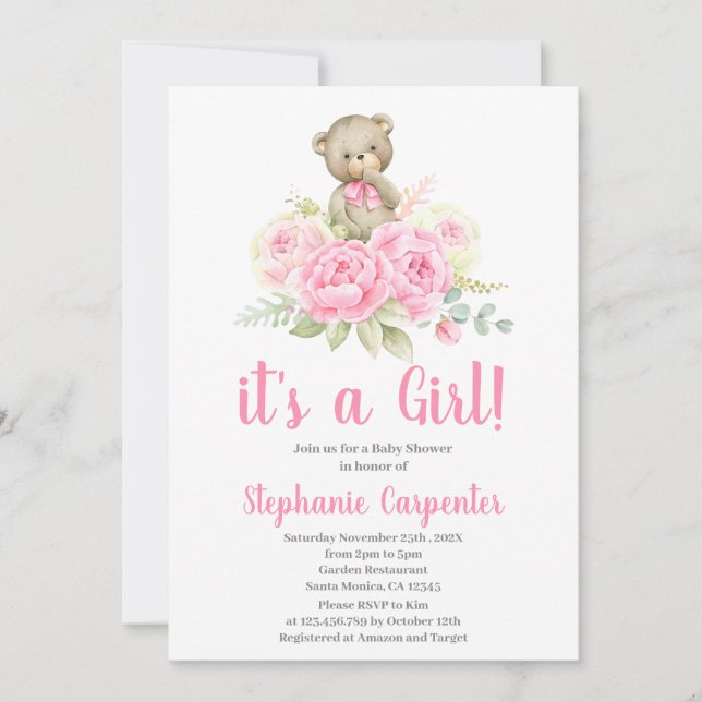 Teddy Bear Baby Shower Girl Einladung (Vorderseite)