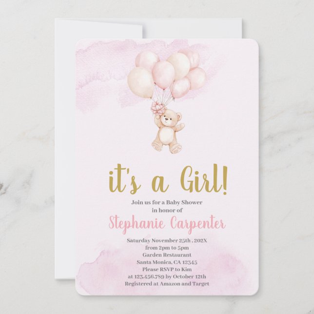 Teddy bear baby Shower Girl Einladung (Vorderseite)