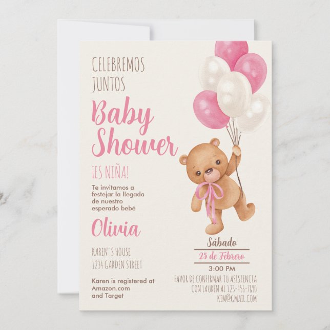 Teddy Bear Baby shower Girl Espagnol Invitation (Devant)