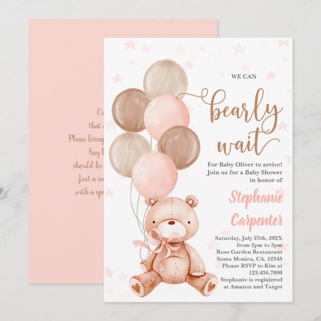 Teddy Bear Baby shower girl Invitation (Devant / Derrière)
