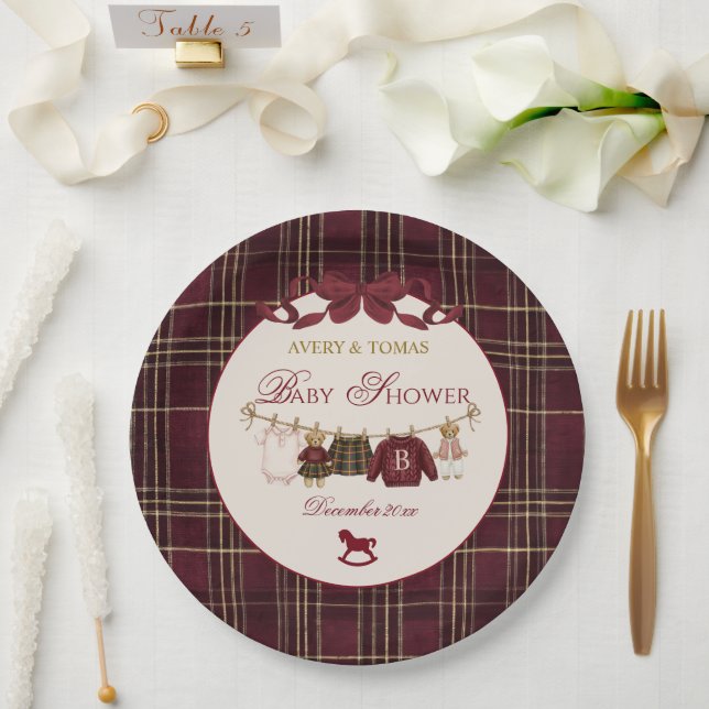 Teddy Bear Baby Shower Girl Plaid Burgundy Bow  Pappteller (Hochzeit)