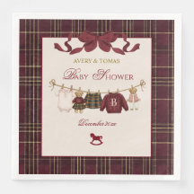 Teddy Bear Baby Shower Girl Plaid Burgundy Bow 