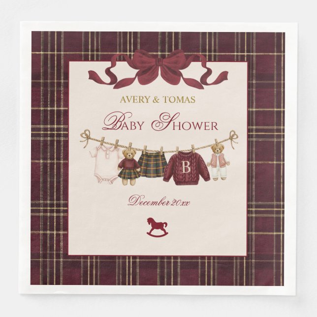 Teddy Bear Baby Shower Girl Plaid Burgundy Bow  Serviette (Vorderseite)
