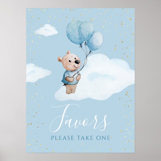 Teddy Bear Baby Shower Gold Blue Favoriten Schild (Vorne)