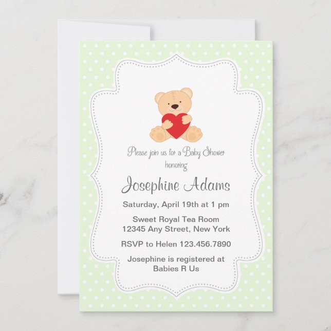 Teddy Bear Baby shower Invitation Mint Green (Devant)