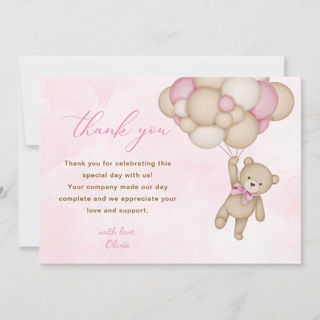 Teddy Bear Baby Shower Pink Dankeskarte (Vorderseite)
