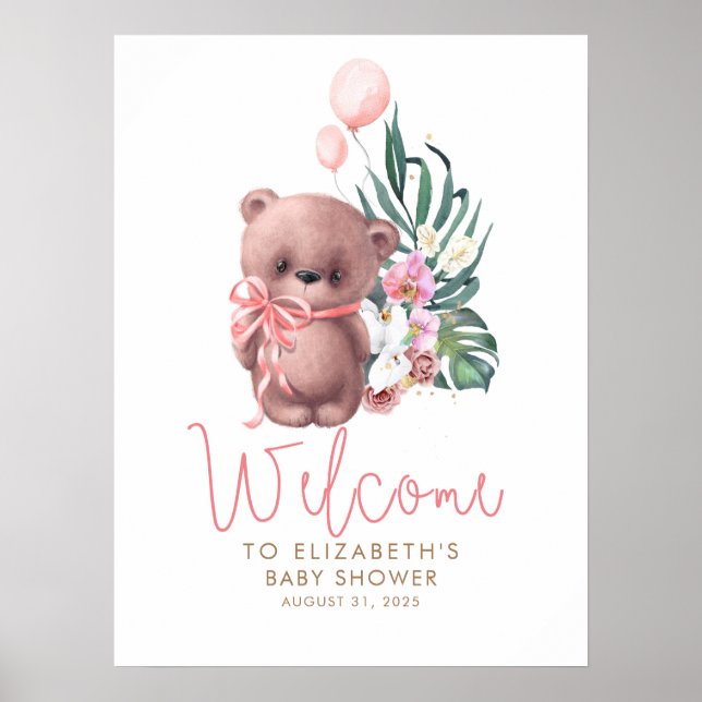 Teddy Bear Baby shower rose Affiche de bienvenue (Devant)