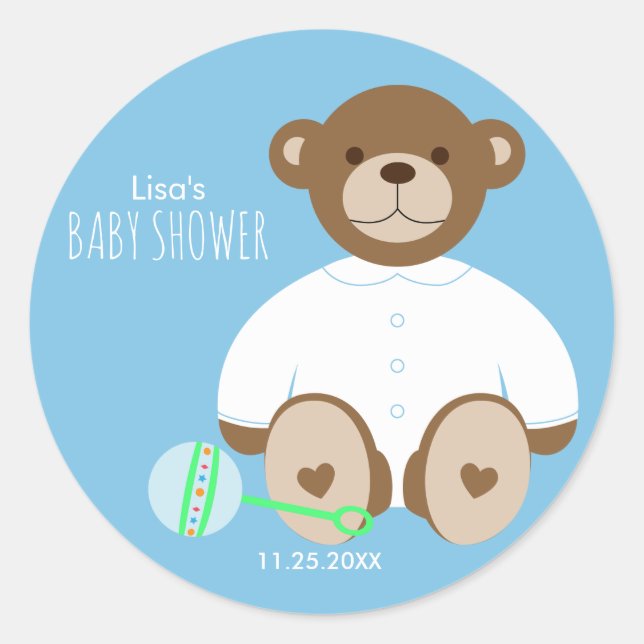 Teddy Bear Baby Shower Sticker, blau Hintergrund Runder Aufkleber (Vorderseite)