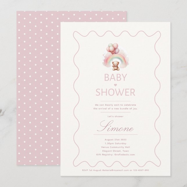 Teddy Bear Baby shower Thème Invitations Filles (Devant / Derrière)