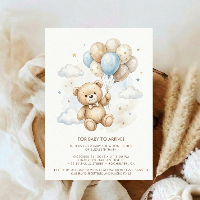 Teddy Bear Baby Shower with Brown Sage Balloons Einladung (Von Creator hochgeladen)